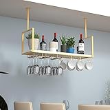 RHINRS Deckenweinregal, hängende Lagerregale Gold, Retro Metal Massivholz Weinglas Rack/mit Becher und Tassenhaltern, schwimmende Regale for das Küchenbar Restaurant,80 * 30 * 60cm