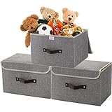 Tebery 3 Stück Faltbare Aufbewahrungsboxen, Aufbewahrungsbehälter mit Deckel, Stoff aufbewahrungskörbe mit Griff für Spielzeug, Bücher, Schrank 38 x 25 x 25 cm (Grau)
