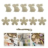 Oblique Unique® Holz Hasen und Blumen 10er Set zum Aufhängen Anhänger Hängedeko Häschen Osterstrauß Deko Dekoration aus Echtholz für Ostern zum Basteln