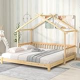 Merax Hausbett 200x180cm, Kinderbett Funktionsbett mit Rausfallschutz und Lattenrost, Erweiterbares Tagesbett Doppelbett, Holz Baumhausbett für Mädchen & Jungen, Naturfarbener