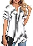 Amrto Damen Bluse V-Ausschnitt T-Shirt Kurzarm Shirt Casual Tunika Reißverschluss Tops Sommer Oberteile Slim Fit Fließende Blusenshirt Arbeit Hemd,Streifen Weiß XXL