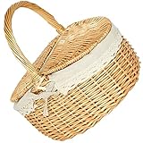 Garneck Picknickkorb mit Deckel Einkaufskorb Geflochten Pilzkorb Obstkorb Brotkorb Rattan Korb Weidenkorb Mit Henkel Geflochtener Korb Blumen Korb für Outdoor Picknick 27CM