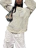 Achlibe Damen-Pullover mit ausgehöhltem Out, lässig, langärmelig, durchsichtig, gehäkelt, Strickpullover, A-a-creme weiß, XL
