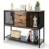 LIFEZEAL Sideboard im Industriestil, Küchenschrank mit 2 Schubladen und Metallnetzschränken, Buffets Konsolentisch 100x35x85cm, Schrank für Esszimmer, Küche, Flur, Wohnzimmer, Vintage Braun