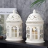 JHY DESIGN Hängende Kerzen Laternen 21cm Hohe Set mit 2 Gartenlaterne Metall Glas Fenster Kerzenhalter für Echte Kerze Garten Innen Hochzeit Schlafzimmer Draußen Wohnzimmer Bettseite Balkon(Weiß)