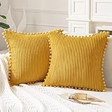 ANRODUO 2 Stück Kissenbezüge mit Pompons Cord-Kissenbezug 40,6 x 40,6 cm, niedliche und weiche Boho-Kissenbezüge dekorative Kissenbezüge für Couch, Sofa, Bett und Wohnzimmer, senfgelb