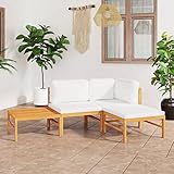 JUNZAI 4-TLG. Garten-Lounge-Set mit Creme Kissen, Lounge Gartenmöbel Set, Terassenmöbel Wetterfest, Gartenlounge, Balkon Möbel, Garten Loungemöbel Set, Massivholz Teak