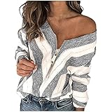 HOOUDO Damen Tshirt Elegant Damenmodehemd Leopardenstreifen genähtes lockeres Oberteil V-Ausschnitt Reißverschluss Sexy Elegantes Oberteil Langarm Tägliche Top-Blusen Sexy Klamotten