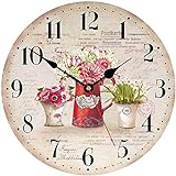 TAHEAT 34 cm Bunt Blumen Wanduhr, Hölzern Rustikal Land Uhren, Dekorativ Genau Leicht zu lesen Wanduhr für Wohnzimmer/Schlafzimmer/Bad/Küche Dekor