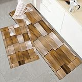 Küchenteppiche Rutschfestes Küchenmatten 2 Stück,Beige moderne verblasste Fliesen Holzwürfel Quadrate geometrisch inspirierte moderne einfache,Pflegeleicht Für Küche Staubdicht Fußmatte 45x70+45x120cm