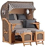 Strandkorb Teakholz Volllieger Strandstuhl Liegestuhl PE Geflecht Grey Düne TEAK Bullauge inkl. 4 Kissen+Wechselpolster - Strandkörbe aus Teak für Garten, Wintergarten und Terrassen (Dessin 545)