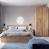Lomadox Schlafzimmer Set Bettanlage, Eiche Nb., 4-teilig, mit Bett 140x200, aufklappbarer Bettkasten, 1 Kleiderschrank, 2 Nachttische