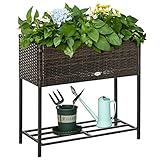 Outsunny Poly Rattan Hochbeet Blumenkasten mit Füßen Blumentopf mit Ablage Braun 70 x 30 x 72 cm