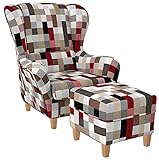 Yiibcio Sessel Freizeit Sofa Stühle Ohrensessel, Fernsehsessel mit Hocker; Design Patchwork, kariert, bunt gedeckt für Büro, Schlafzimmer, Küche, Wohnzimmer, Eingang (Color : Mit Hocker)