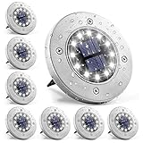 GIGALUMI Solar Bodenleuchte 12 LEDs 8 Stück Solarleuchten Weiß Gartenleuchten Edelstahl Wasserdicht für außen, Garten, Terrasse, Rasen, Hof, Gehweg