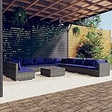 Festnight Gartenmöbel Set Rattan Gartenlounge Rattan Gartensofa Loungemöbel Sofa Balkonmöbel Ecke Sofa Garten Terrassenmöbel-Grau und Dunkelblau-3x Eckteil + 8X Mittelteil + Tisch