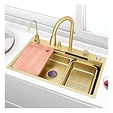 Waschbecken Gold Nano Wasserfallspüle mit Glaswaschbecken, Drop-In-Einzelbecken-Edelstahl-Küchenspüle, Workstation-Bar-Waschbecken, mit multifunktionalem Toplader-Flying-Rain-Ausziehhahn
