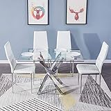 GOLDFAN Esstisch mit 4 Stühlen Glastisch mit Weißer Stuhl Essgruppe mit 4 Stühlen Quadratischer Wohnzimmertisch Glas 120x80cm