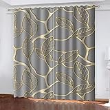 3D Goldener Blattdruck Muster Verdunklungsvorhänge Mit Ösen, 2 Stücke Vorhang Blickdicht Wohnzimmer, Thermogardine Schlafzimmer, Verdunkelungsvorhang Wohnzimmer Modern, Gardinen Küche 160X150cm