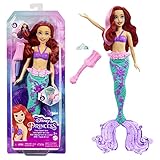Disney Princess Arielle - Meerjungfrau-Puppe mit Haare und Schwanzflosse verändern durch Wasser ihre Farbe, für Kinder ab 3 Jahren, HLW00
