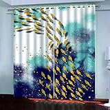 SATUSA Vorhänge Wohnzimmer Blickdicht Gardinen Verdunkelungsvorhang Schlafzimmer Kinderzimmer Thermovorhang Fensterdekoration 3D Abstrakter Goldener Fisch Muster Ösenschal 2Er Set 200X160Cm