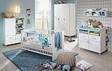 Babyzimmer Mieke in Weiß mit Esche Coimbra massiv Komplett Set 7 teilig von Rauch Möbel mit Kleiderschrank, Babybett und Umbauseiten, Wickelkommode, Kommode und Regalen