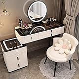 BUJOG Schminktisch-Set, Schminktisch mit Nachttisch, Schminktisch mit verstellbarem LED-Spiegel, gepolstertem Hocker und 5 Schubladen, Bluetooth-Audio, kabelloses Laden (Farbe: Weiß-B, Größe: 100