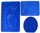 Ilkadim Delphin Badgarnitur 3 TLG. Set 55x85 cm einfarbig, WC Vorleger ohne Ausschnitt für Hänge-WC (royal blau)