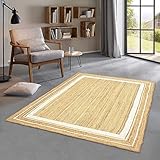 Taracarpet Jute Teppich Sisal Optik mit Bordüre Kurzflor Boho modern für Wohnzimmer Schlafzimmer nachhaltig Natur-Teppich weiß 160x230 cm
