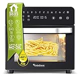 TurboTronic digitaler Mini Backofen - 4in1 Heißluftofen und Heißluftfritteuse XXL Version 14L schwarz/silber inkl. Drehspieß & viel Zubehör Pommeskorb, Backbleche, Dörrgerät ab 50°C & Grill