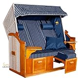 LILIMO - Strandkorb OSTSEE XXL | 2-3 Sitzer | Bausatz | Geflecht: Weiß, Bezug: Blau/Weiß Nadelstreifen | Volllieger inkl. Schutzhülle | Model BLC