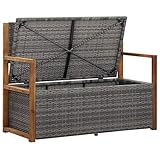 Festnight Bank mit Stauraum 110 cm Poly Rattan Massivholz Akazie Grau Sitzbank Gartenbank Gartentruhe Truhenbank Kissentruhe Kissenbox