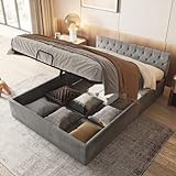 Kayan Bett mit Bettkasten Samt-Stoff Polsterbett Lattenrost Doppelbett Stauraum Holzfuß, 140 x 200cm (Grau)