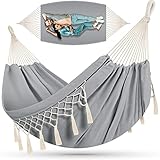 KESSER® Hängematte 300kg belastbar 320x150cm max. Belastbarkeit 300 kg, 1-2 Personen, atmungsaktiv Fransen wetterfest Camping Garten Tuchhängematte Mehrpersonen, Farbe:Grau