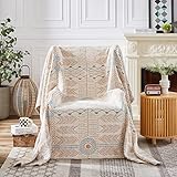 HOORDRY Baumwolldecke Tagesdecke 150cmx 200cm Boho DeckeWohndecke Wendedecke Sofa Decke TV Decke zum Wohndecke für Couch Sofadecke Blanket für Bett Sofa Schlafzimmer Büro,Grau/Beige