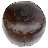 Orientalischer Pouf Rund Echtes Leder Dunkelbraun Sitzwüfel Sitzkissen Sitzpouf Hocker Sitzpuff Braun, 44x33 cm, inklusive Füllung, Marokkanisch Asiatisch Vintage-Design