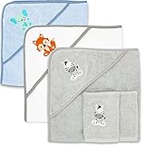 Baby Kapuzenhandtuch im Set mit 2 Waschlappen Oeko-Tex Standart 100 zertifiziert. Baby Badetuch aus weichem Frottee. Erstausstattung Babyhandtuch mit Kapuze 80 x 80 cm