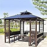 HJDSUDU Doppeldach-Außenpavillon aus Metall, doppelt belüftete Dachpergola mit Tisch und Stühlen, Außenpavillon aus Polycarbonat mit Hardtop, für Terrasse, Rasen und Garten,3x3m