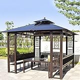 HJDSUDU Doppeldach-Außenpavillon aus Metall, doppelt belüftete Dachpergola mit Tisch und Stühlen, Außenpavillon aus Polycarbonat mit Hardtop, für Terrasse, Rasen und Garten,3x3m