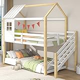 Azkoeesy 90x200 cm Etagenbett aus Kiefernholz, 90x200 cm Bettgestell Hausbett mit Ecktreppe & Fallschutz, Kinderbett Jugendbett mit Fenster & Lattenrost (weiß+Natur)