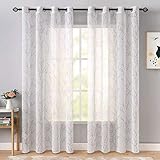 MIULEE Voile Vorhang Sheer Transparente Gardine 2er Set Baumzweigen Bedruckt Vorhänge mit Ösen Dekoschal Fensterschal für Schlafzimmer und Wohnzimmer Weiß 145 cm x 140 cm(H x B) Grau