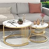 Moderne Rund Couchtisch 2er Set Rund Satztische Set Wohnzimmertisch Mit Metallgestell Und Marmor Furnier Beistelltisch Sofatisch Kaffeetisch Für Wohnzimmer (Goldener Rahmen + weißer Schreibtisch)