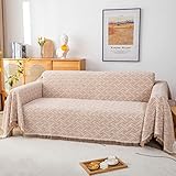 LHGOGO Sofaüberwurf Überwurfdecke für Sofa Groß, Vielseitig Wendbare Tagesdecke Couch Überwurf Leicht und Atmungsaktiv sofadecke für 3 Sitzer Sofa, Bett mit Dekorativen Fransen 180x300cm, Beige