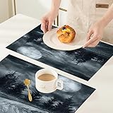 Platzsets(4er Set),Rutschfest Abwaschbar Tischsets,Horror House Moonrise Magic Landscape with Empty Rural Path to Pines,PVC Abgrifffeste Hitzebeständig Platzdeckchen,Platz-Matten für Küche Speisetisch