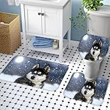 NODIII Badteppich Set 3pc Husky-Schlittenhund Badvorleger Groß 50x80 Extra Dick Flauschige Mikrofaser Tier Badezimmer Badematten Ecke,Konturmatte,Wc-Deckelbezug Rund,Rutschfester KlebefläChe