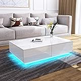 Couchtisch mit Stauraum, Weißer Hochglanz, mit LED-Leuchten, für Wohnzimmer, rechteckiger Mitteltisch mit 4 Schubladen, Home-Office-Möbel