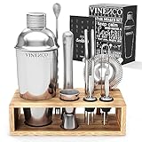 Cocktail Shaker Set mit Ständer & Rezeptbuch: Premium Edelstahl Bar Cocktailset Cocktailshaker Messbecher Strohhalme Barlöffel Stößel | Barkeeper Barset Cocktail-Zubehör Geschenk Frauen Männer