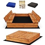 Premium Sandkasten Imprägniert inkl. Video Anleitung für Montage Sandbox mit Abdeckung Sitzbänken Deckel Plane Sandkiste 120x120, Holz Sandkastenvlies 150x150