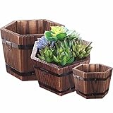 Indoor Outdoor Blumentopf Mit Drainagelöchern,Holz Eimer Fass Pflanztöpfe,Garten Pflanzcontainer Box Satz Von 3,Rustikalen Holz Übertopf Pflanzkübel-Sechskant 3pcs