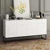 Caldion Sideboard Wohnzimmer mit 4 Schubladen und Türen,Komodenschrank mit Ausgehöhlter Griff, Küchenschrank mit Metallrahmen für Eingang Küche, Esszimmer Weiß 42T x 150B x 75H cm